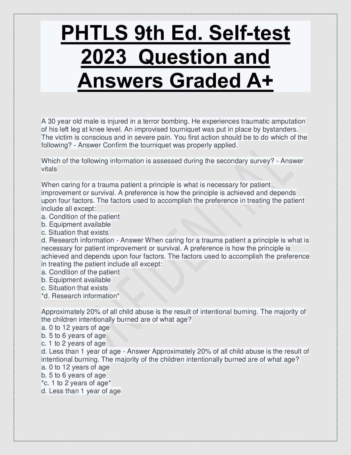 Preview image for PHTLS 9th Ed. Self-test  2023  Question and Answers Graded A+